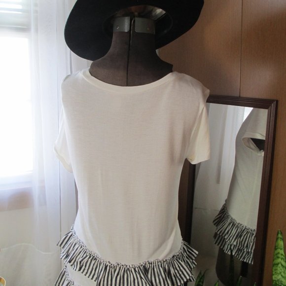 Scripted White Short Sleeve Top with Black and White Striped Tiered Hem  Size S - Picture 5 of 13